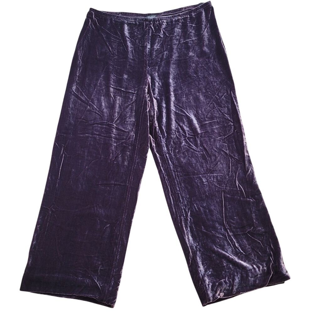 Eileen Fisher Pants Womens Petite L Purple Crushed Silk Velvet Wide Leg Pull On - Picture 2 of 10